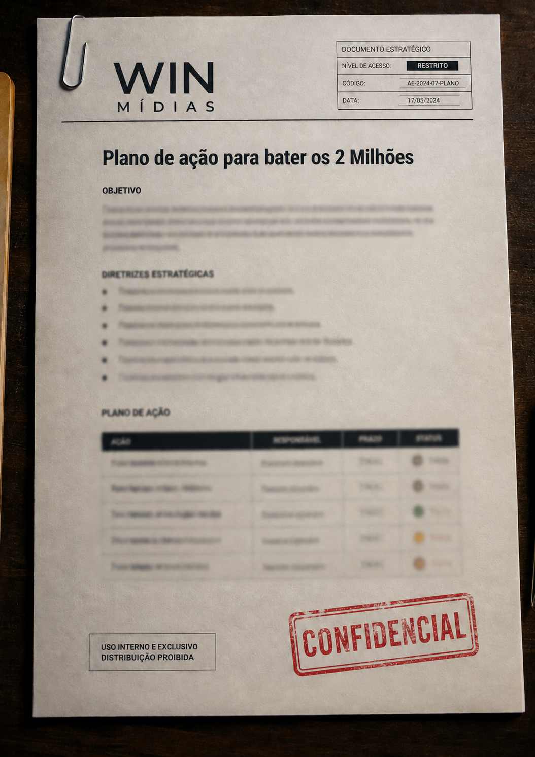 Exemplo do plano de ação entregue na consultoria